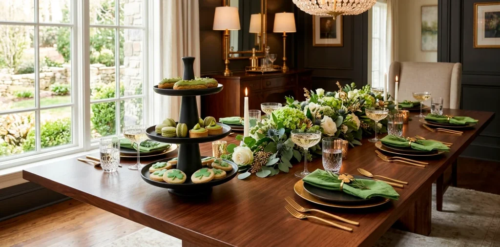 Elegant St. Patrick's Day treat table with green desserts and crystal glasses