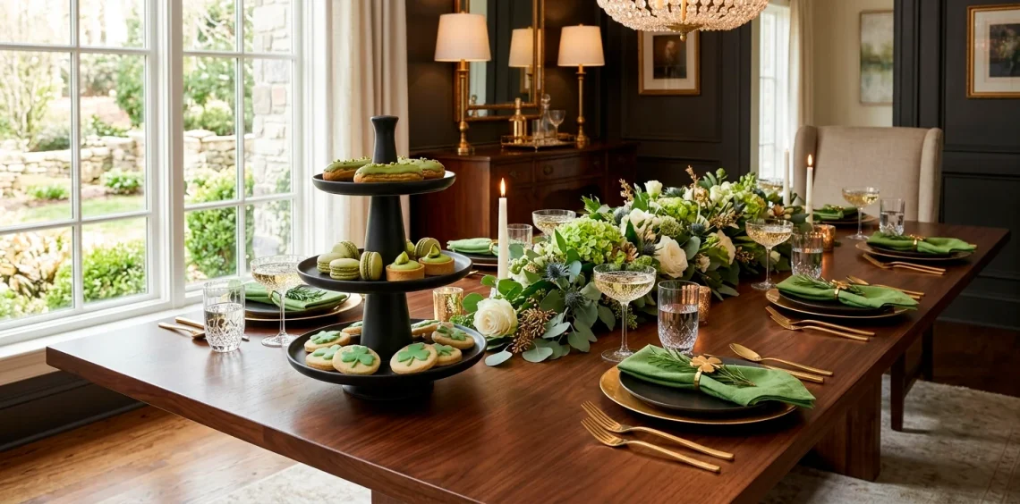 Elegant St. Patrick's Day treat table with green desserts and crystal glasses