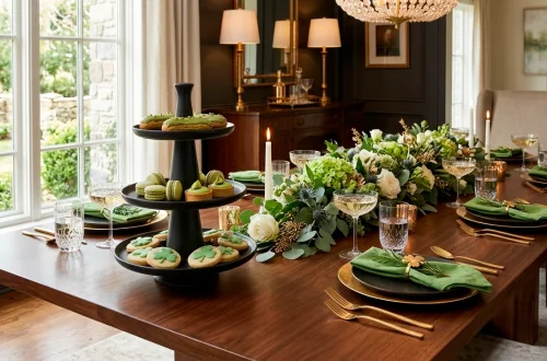 Elegant St. Patrick's Day treat table with green desserts and crystal glasses