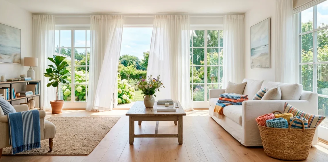 Bright summer living room featuring a hand-woven seagrass basket filled with throw blankets next to a white sofa.
