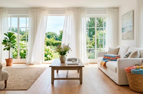 Bright summer living room featuring a hand-woven seagrass basket filled with throw blankets next to a white sofa.
