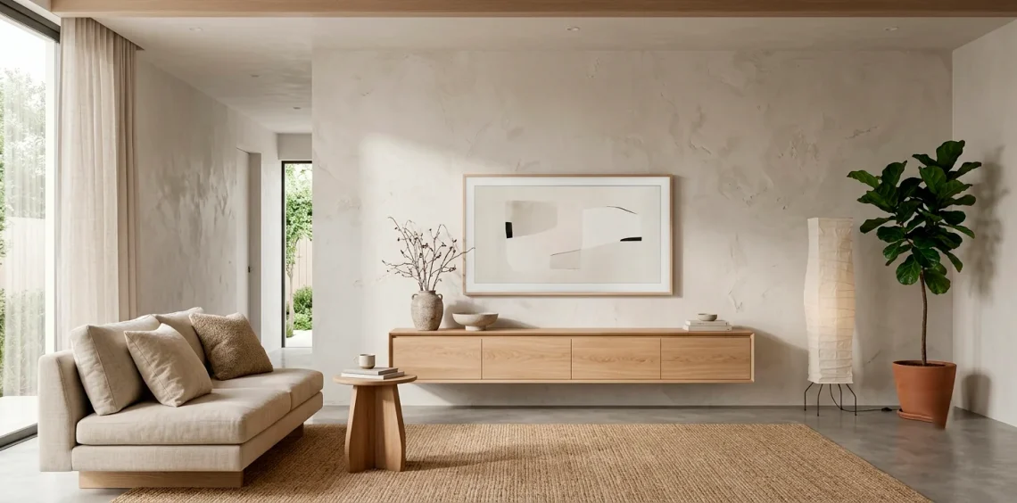 Minimalist Japandi living room featuring a raw wabi-sabi plaster TV wall and floating oak console.