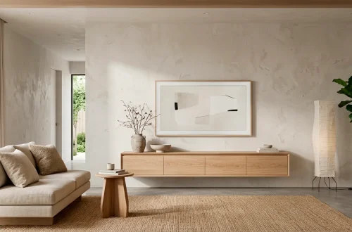 Minimalist Japandi living room featuring a raw wabi-sabi plaster TV wall and floating oak console.