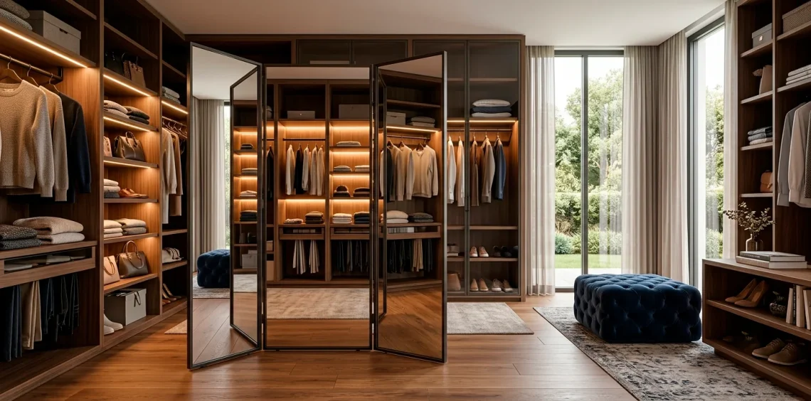 Luxurious modern walk-in closet featuring a large three-way mirror and custom wood shelving