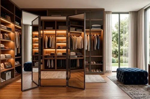 Luxurious modern walk-in closet featuring a large three-way mirror and custom wood shelving