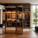 Luxurious modern walk-in closet featuring a large three-way mirror and custom wood shelving