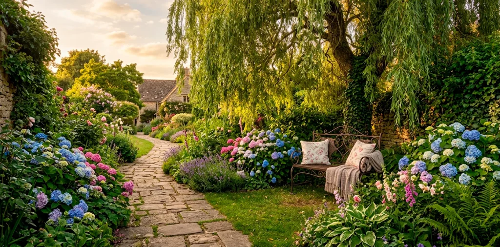 Wide view of a romantic garden reading nook featuring a vintage wrought iron bench beneath a weeping willow tree.