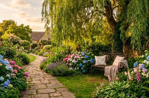 Wide view of a romantic garden reading nook featuring a vintage wrought iron bench beneath a weeping willow tree.