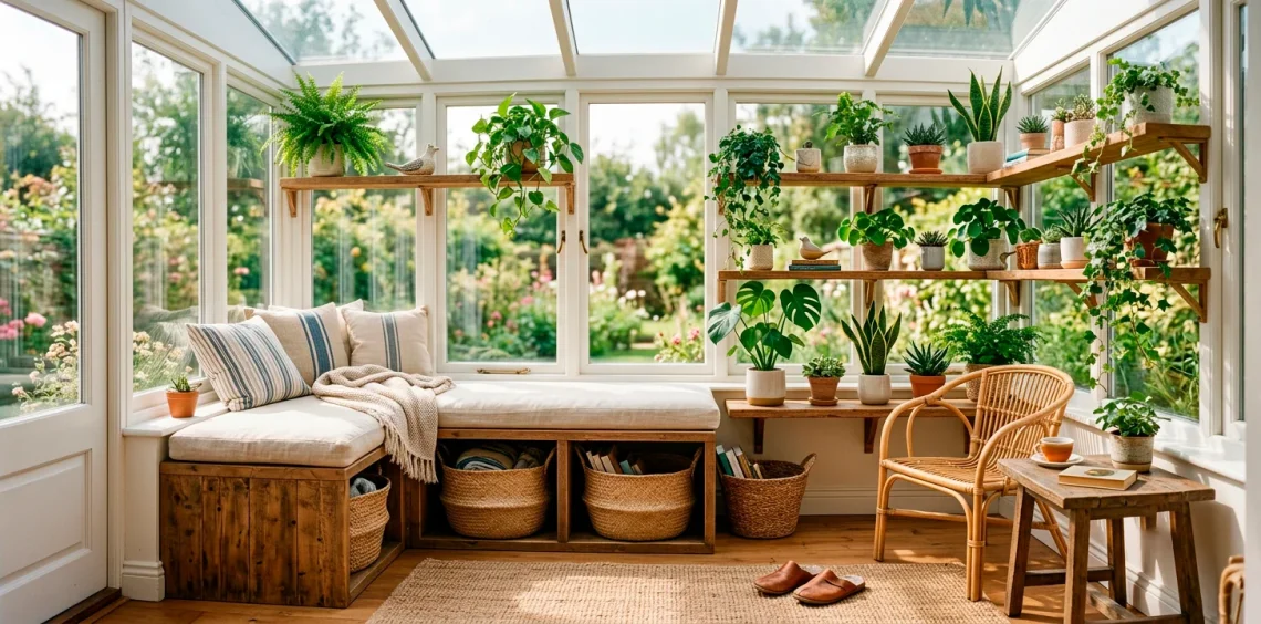 A brightly lit tiny sunroom showcasing space-saving storage solutions like a wooden bench and floating shelves.