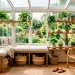 A brightly lit tiny sunroom showcasing space-saving storage solutions like a wooden bench and floating shelves.