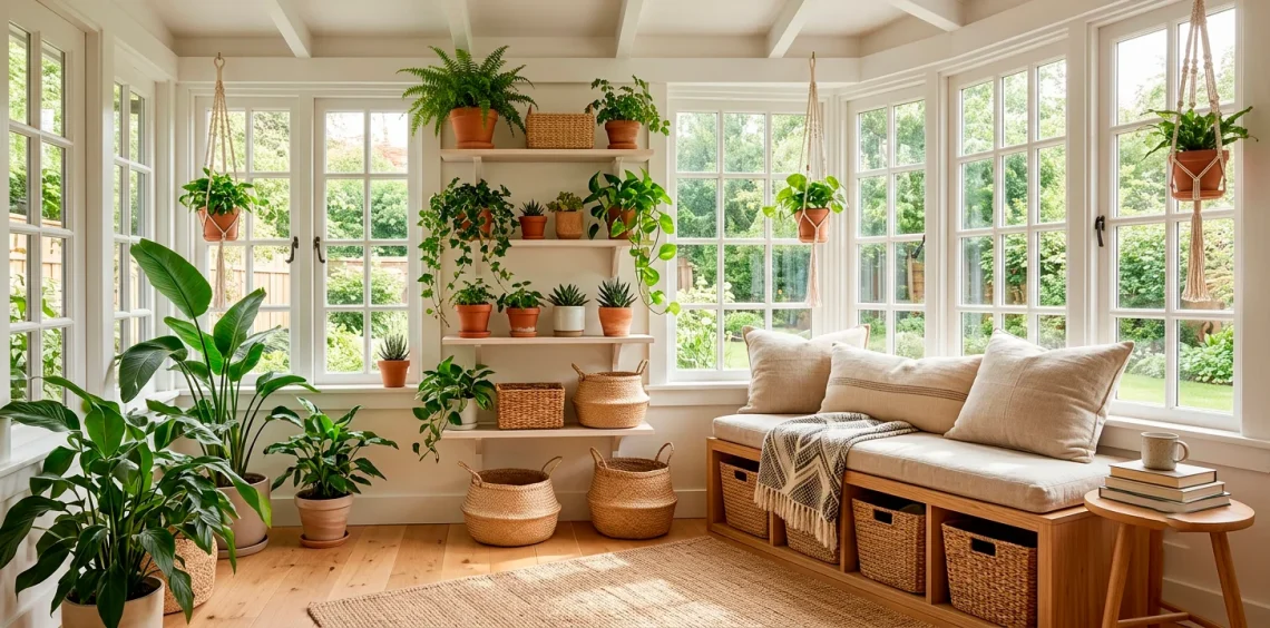 A brightly lit tiny sunroom showcasing space-saving storage solutions like a wooden bench and floating shelves.