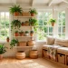 A brightly lit tiny sunroom showcasing space-saving storage solutions like a wooden bench and floating shelves.