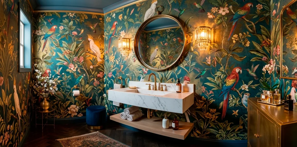 Whimsical powder room featuring bold botanical wallpaper and elegant gold fixtures.