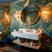 Whimsical powder room featuring bold botanical wallpaper and elegant gold fixtures.