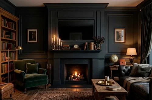 Cozy living room featuring a moody matte black fireplace mantel with a sleek TV backdrop and elegant brass decor.