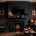 Cozy living room featuring a moody matte black fireplace mantel with a sleek TV backdrop and elegant brass decor.