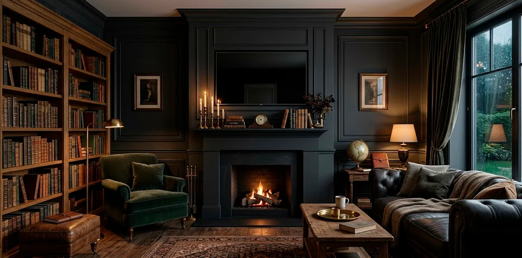 Cozy living room featuring a moody matte black fireplace mantel with a sleek TV backdrop and elegant brass decor.