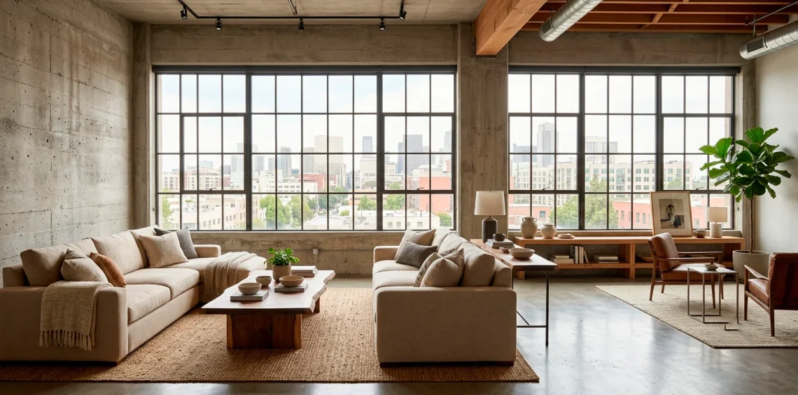 Spacious industrial loft living room with concrete walls, plush linen seating, and warm raw wood textures bathed in sunlight.