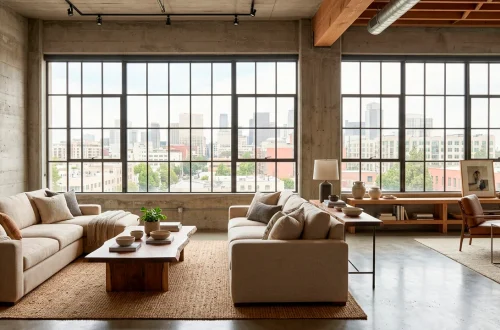 Spacious industrial loft living room with concrete walls, plush linen seating, and warm raw wood textures bathed in sunlight.