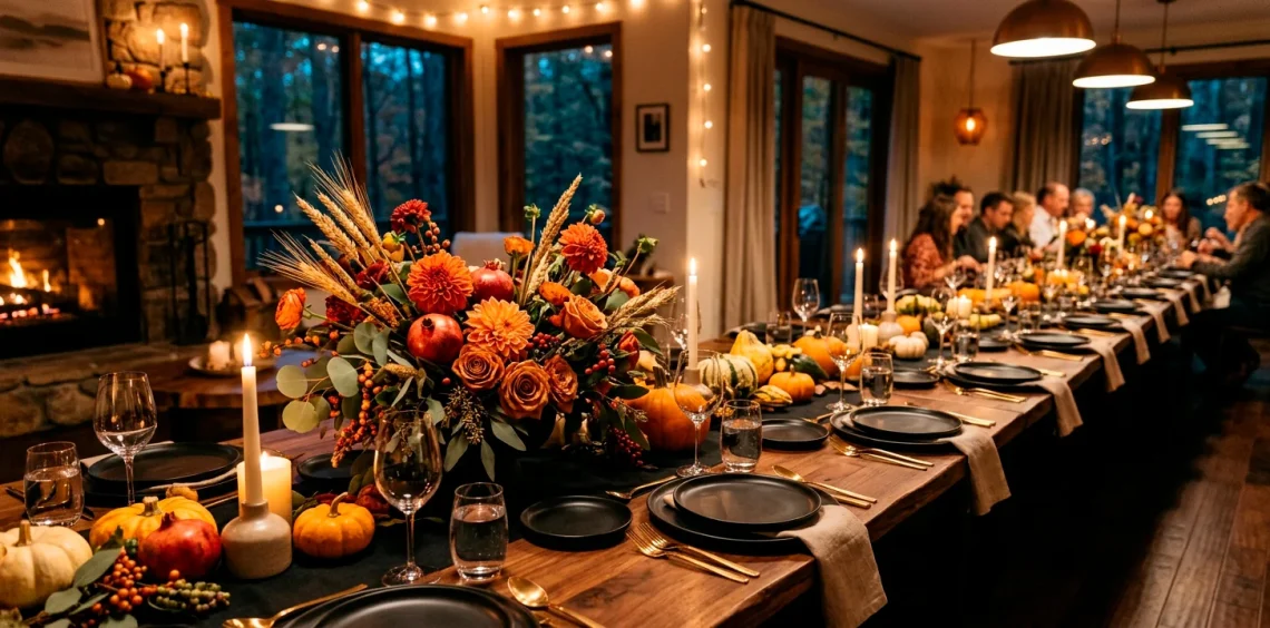 Long modern Thanksgiving table with an asymmetrical floral arrangement in warm autumn colors