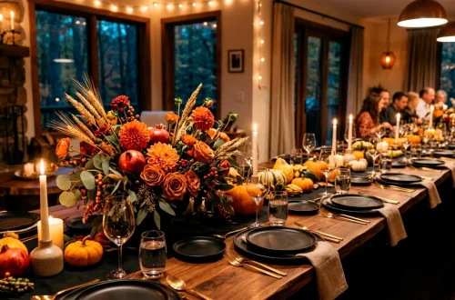 Long modern Thanksgiving table with an asymmetrical floral arrangement in warm autumn colors