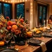 Long modern Thanksgiving table with an asymmetrical floral arrangement in warm autumn colors