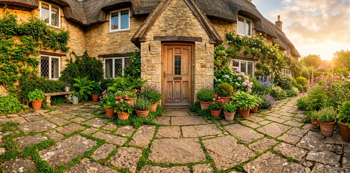 Beautiful rustic cottage exterior with a stone paved porch at golden hour