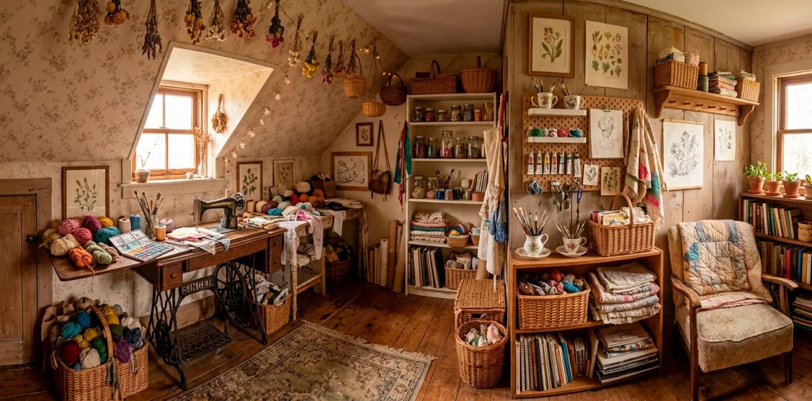 Cozy cottagecore attic craft room featuring floral wallpaper, vintage sewing table desk, and wicker baskets