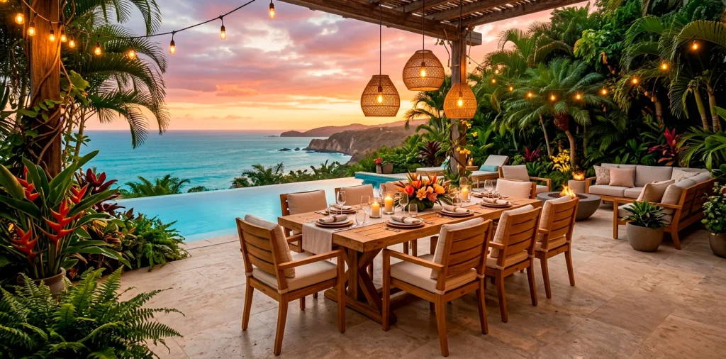 A beautifully restored golden teak patio dining set on a luxury outdoor deck at sunset.