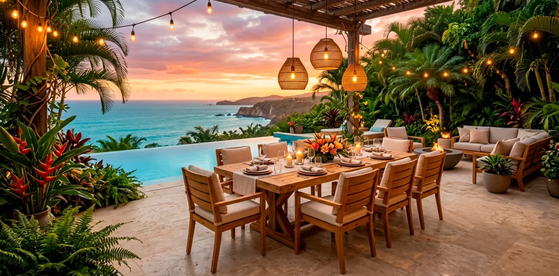 A beautifully restored golden teak patio dining set on a luxury outdoor deck at sunset.