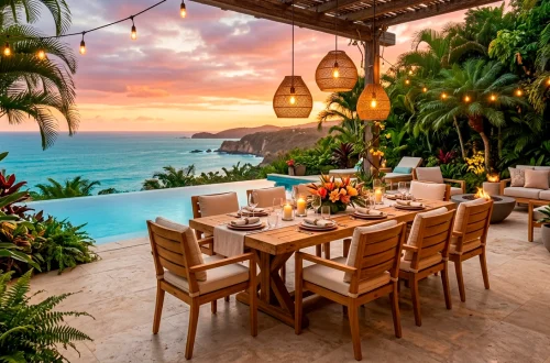 A beautifully restored golden teak patio dining set on a luxury outdoor deck at sunset.