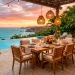 A beautifully restored golden teak patio dining set on a luxury outdoor deck at sunset.