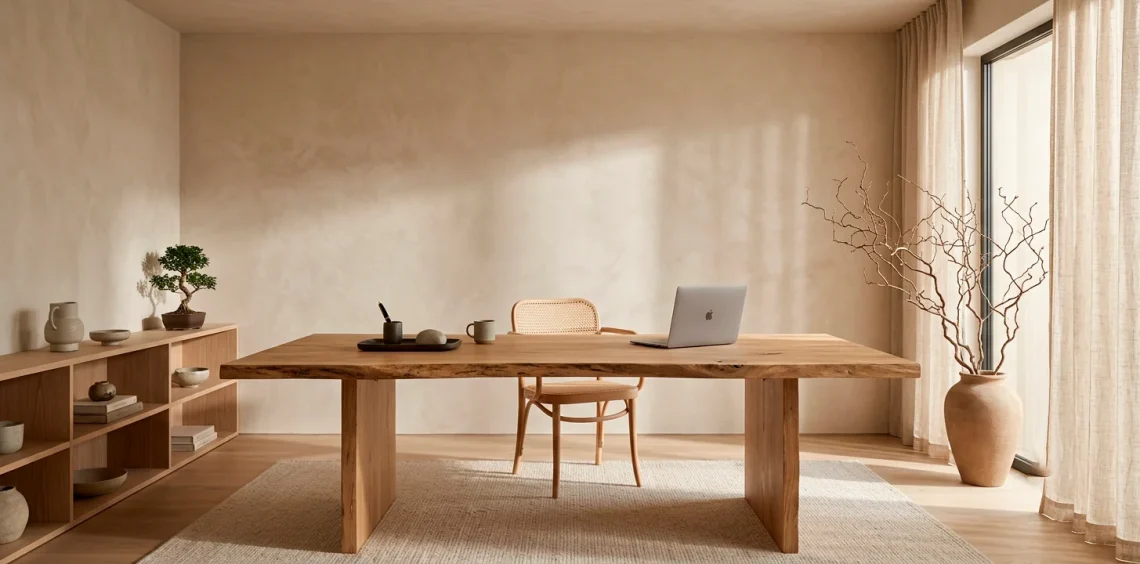 A serene Japandi style home office featuring a live-edge wooden desk, limewash walls, and soft natural sunlight.