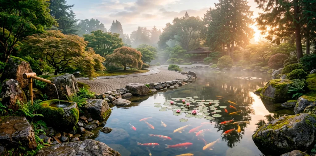 Serene Zen garden pond with koi fish, bamboo water fountain, Japanese maple, and natural stone rimmed water at morning light.
