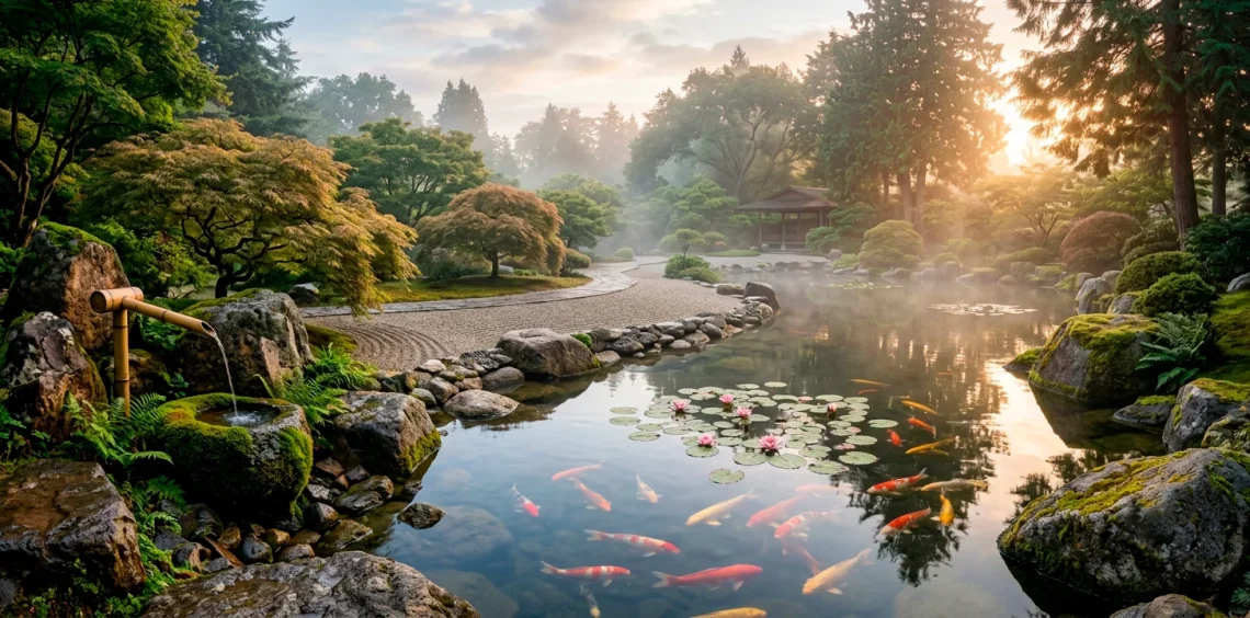 Serene Zen garden pond with koi fish, bamboo water fountain, Japanese maple, and natural stone rimmed water at morning light.