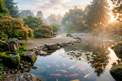 Serene Zen garden pond with koi fish, bamboo water fountain, Japanese maple, and natural stone rimmed water at morning light.