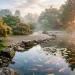 Serene Zen garden pond with koi fish, bamboo water fountain, Japanese maple, and natural stone rimmed water at morning light.