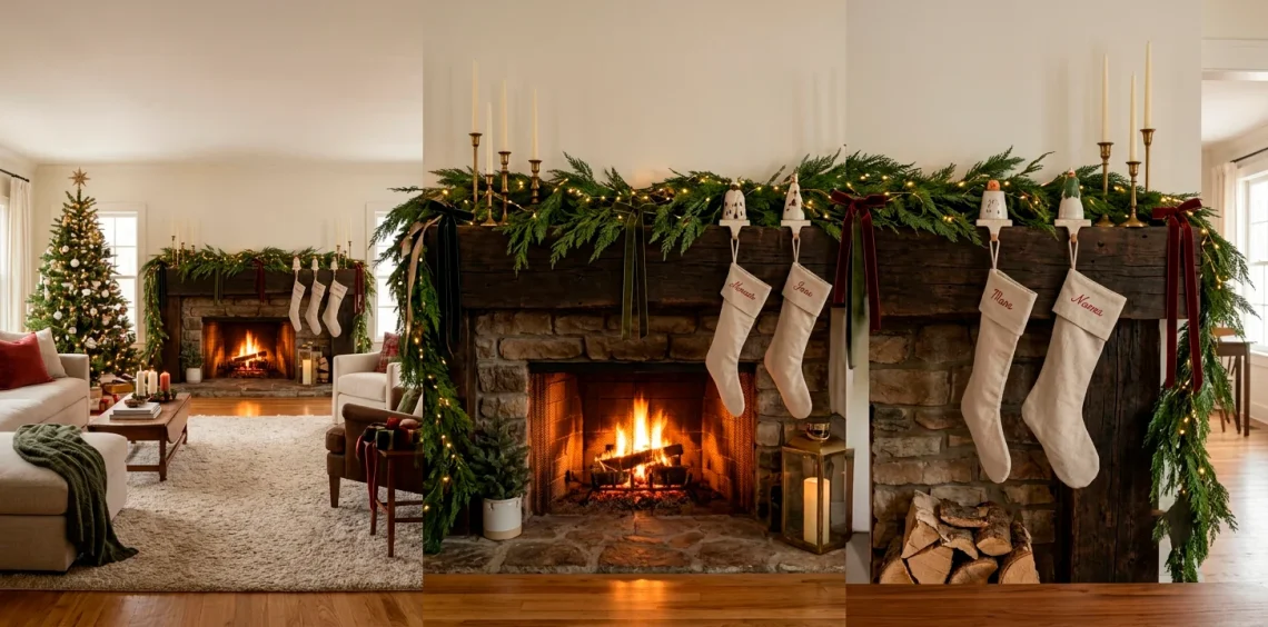 Cozy farmhouse fireplace mantel decorated for the holidays with lush greenery garland, brass candles, and linen stockings.