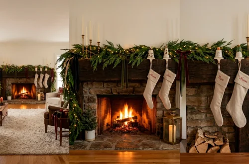 Cozy farmhouse fireplace mantel decorated for the holidays with lush greenery garland, brass candles, and linen stockings.