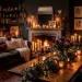 Dark cottagecore Valentines home decor featuring cozy velvet sofa, vintage candelabras, and moody dark floral arrangements.