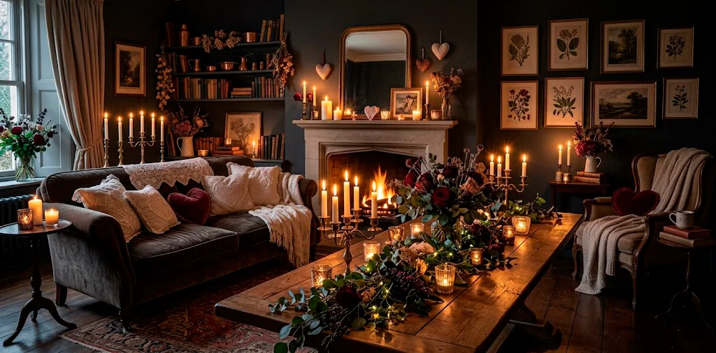 Dark cottagecore Valentines home decor featuring cozy velvet sofa, vintage candelabras, and moody dark floral arrangements.