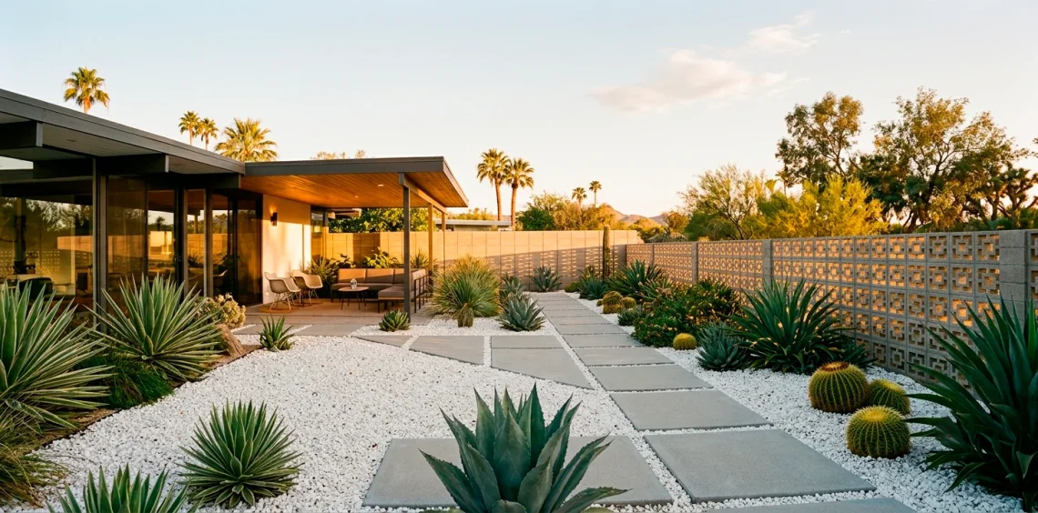 Wide view of a retro minimalist backyard with succulents, white gravel, and mid-century modern design elements