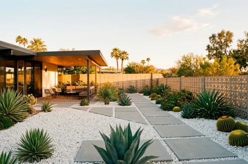 Wide view of a retro minimalist backyard with succulents, white gravel, and mid-century modern design elements