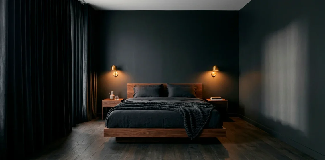 Dark moody minimalist bedroom with charcoal walls and warm amber lighting
