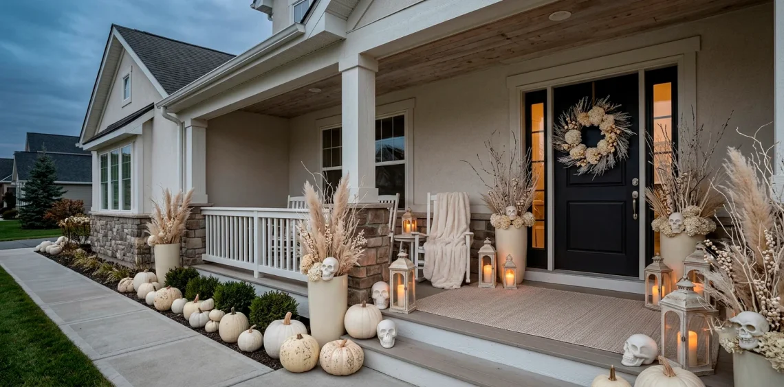 Sophisticated bone-white Halloween porch decorations featuring pale pumpkins and ceramic skulls.