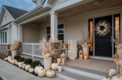 Sophisticated bone-white Halloween porch decorations featuring pale pumpkins and ceramic skulls.