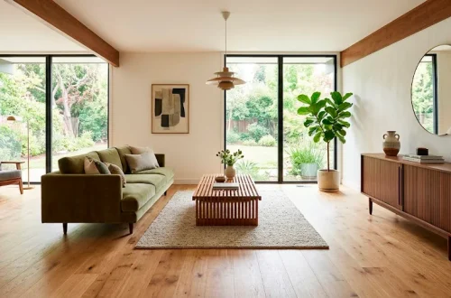 A modern living room showcasing beautifully mixed light oak floors and a dark walnut credenza.
