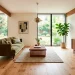 A modern living room showcasing beautifully mixed light oak floors and a dark walnut credenza.