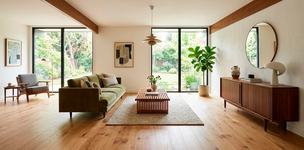 A modern living room showcasing beautifully mixed light oak floors and a dark walnut credenza.