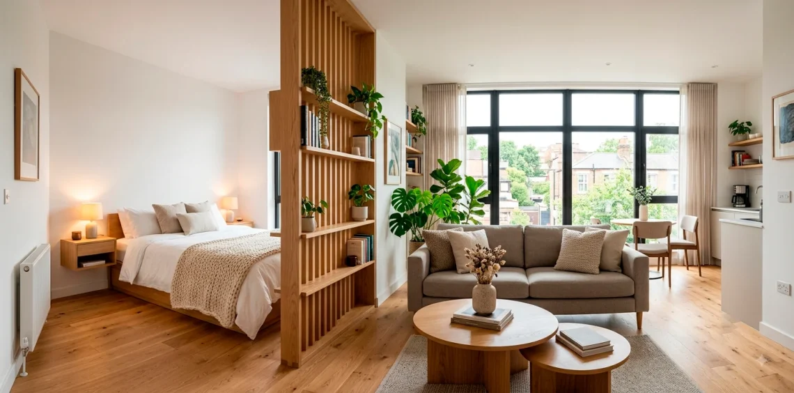 Bright and stylish small studio apartment featuring clever space-saving furniture and natural light pouring in